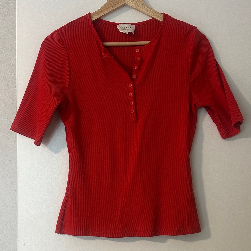 Sezane Red Short Sleeve Henley Tee